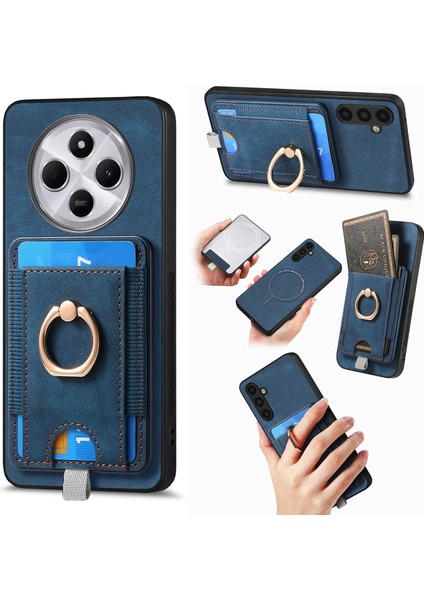 Manyetik Telefon Kılıfı Xiaomi Redmi 14C 4G/14R 5g/poco C75 4g Pu Deri Arka Kapak ile Kart Tutucu Halka Standı-Mavi (Yurt Dışından)