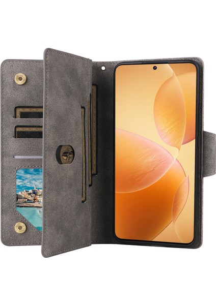 Xiaomi 14T Pro Kılıf Fermuar Cüzdan Deri Telefon Kapağı Perçin Dekor-Gri (Yurt Dışından) modelleri