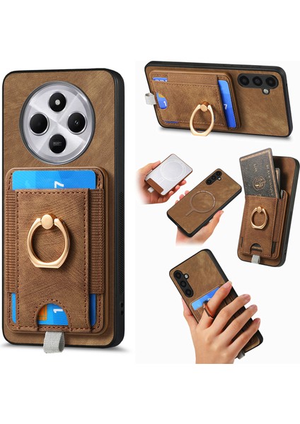 Manyetik Telefon Kılıfı Xiaomi Redmi Için 14C 4G/14R 5g/poco C75 4g Pu Deri Arka Kapak ile Kart Tutucu Halka Standı-Kahverengi (Yurt Dışından)