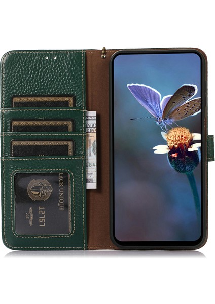 Xiaomi Redmi Note 14 4g Kılıf Için Rfıd Engelleme Hakiki Inek Deri Telefon Kapağı Litchi Doku-Yeşil (Yurt Dışından)