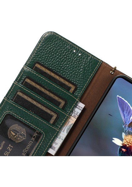 Xiaomi Redmi Note 14 4g Kılıf Için Rfıd Engelleme Hakiki Inek Deri Telefon Kapağı Litchi Doku-Yeşil (Yurt Dışından)
