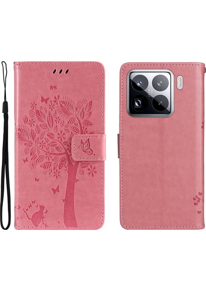 Xiaomi 15 Pro Kılıf Kedi Ağacı Desenli Flip Deri Telefon Kapağı-Pembe (Yurt Dışından)