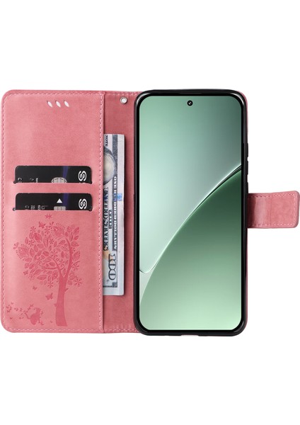 Xiaomi 15 Pro Kılıf Kedi Ağacı Desenli Flip Deri Telefon Kapağı-Pembe (Yurt Dışından)