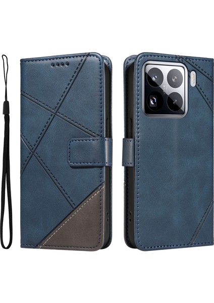 Xiaomi 15 Pro Kılıf Deri Geometrik Çizgi Cüzdan Telefon Kılıfı Bilek Kayışlı-Mavi (Yurt Dışından)
