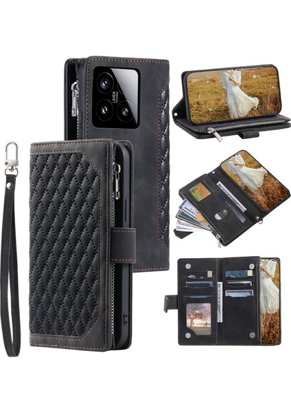 Xiaomi 15 Cüzdan Kılıfı Eşkenar Dörtgen Dikiş Hattı Pu Deri Telefon Kapağı-Siyah (Yurt Dışından)
