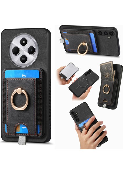 Manyetik Telefon Kılıfı Xiaomi Redmi Için 14C 4G/14R 5g/poco C75 4g Pu Deri Arka Kapak ile Kart Tutucu Halka Standı-Siyah (Yurt Dışından)
