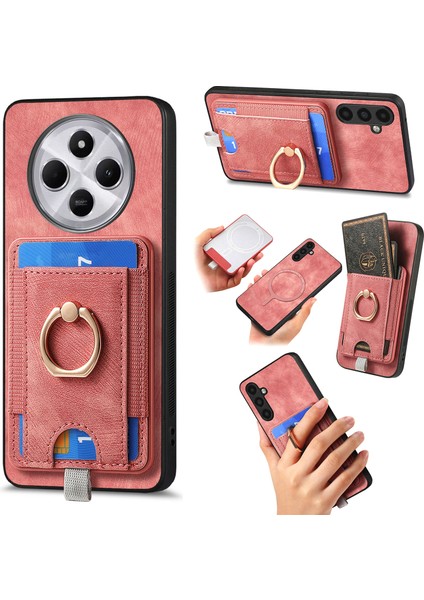 Manyetik Telefon Kılıfı Xiaomi Redmi Için 14C 4G/14R 5g/poco C75 4g Pu Deri Arka Kapak ile Kart Tutucu Halka Standı-Pembe (Yurt Dışından)
