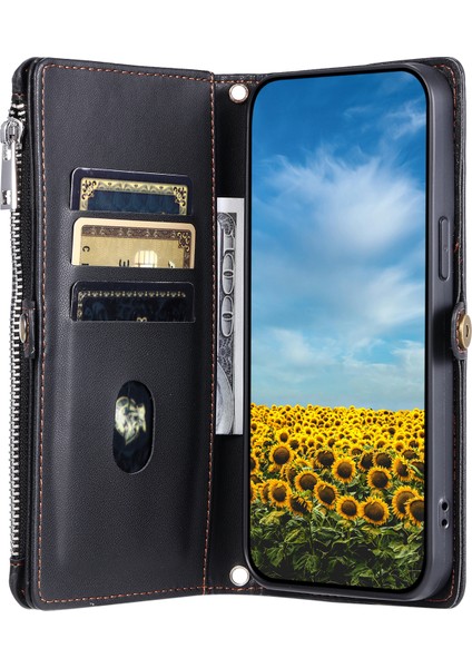 Xiaomi 15 Pro Kılıf Tpu+Pu Deri Cüzdan Telefon Kılıfı Askılı-Siyah (Yurt Dışından)