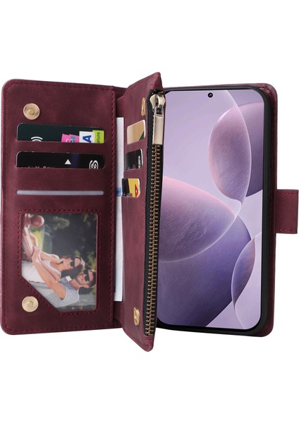 Xiaomi 14T Kılıf Fermuar Cüzdan Çoklu Kart Yuvaları Deri Telefon Kapağı-Şarap Kırmızısı Için (Yurt Dışından) modelleri