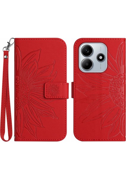 Xiaomi Redmi Note 14 5g Kılıf Ayçiçeği Deri Cüzdan Telefon Kılıfı Bilek Askılı-Kırmızı (Yurt Dışından)