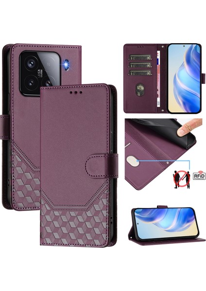 Xiaomi 15 Kılıf Baskılı Petek Rfıd Engelleme Deri Telefon Kılıfı Için Kayış-Koyu Mor (Yurt Dışından)