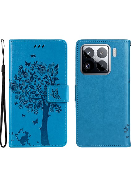 Xiaomi 15 Pro Kılıf Kedi Ağacı Desenli Flip Deri Telefon Kapağı-Mavi (Yurt Dışından)