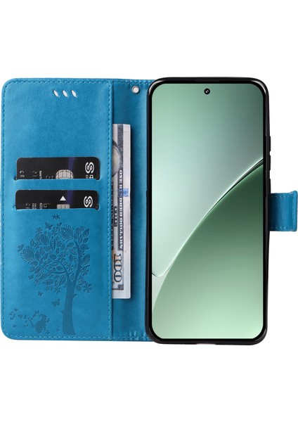 Xiaomi 15 Pro Kılıf Kedi Ağacı Desenli Flip Deri Telefon Kapağı-Mavi (Yurt Dışından)
