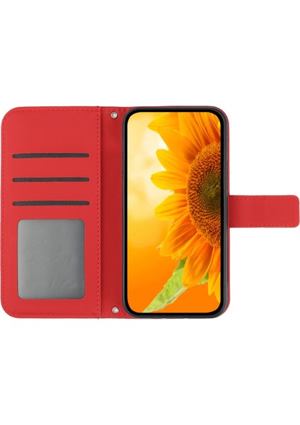 Xiaomi 15 Pro Kılıf Ayçiçeği Baskılı Deri Cüzdan Telefon Kılıfı Bilek Askılı-Kırmızı (Yurt Dışından)