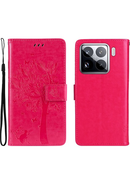 Xiaomi 15 Pro Kılıf Kedi Ağacı Desenli Flip Deri Telefon Kapağı-Gül (Yurt Dışından)