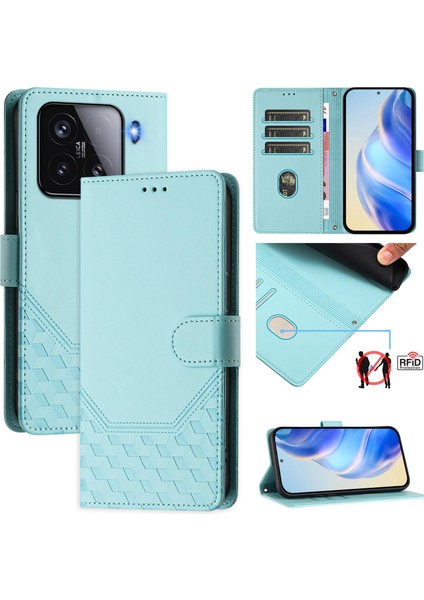 Xiaomi 15 Kılıf Baskılı Petek Rfıd Engelleme Deri Telefon Kılıfı, Kayış-Nane Yeşili Için (Yurt Dışından)