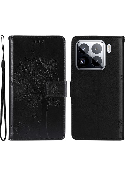 Xiaomi 15 Pro Kılıf Kedi Ağacı Desenli Flip Deri Telefon Kapağı-Siyah (Yurt Dışından)