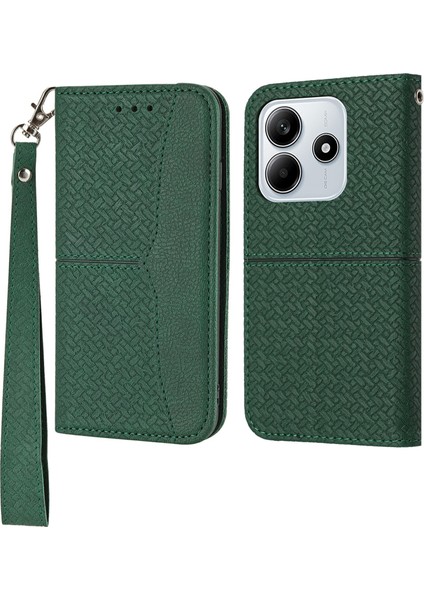 Xiaomi Redmi Note 14 5g Kılıf Dokuma Doku Pu Deri Cüzdan Telefon Kapağı-Siyahımsı Yeşil (Yurt Dışından)