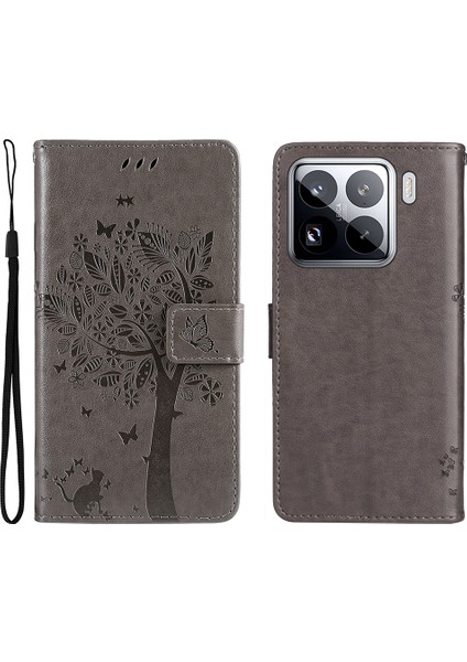 Xiaomi 15 Pro Kılıf Kedi Ağacı Desenli Flip Deri Telefon Kapağı-Gri (Yurt Dışından)