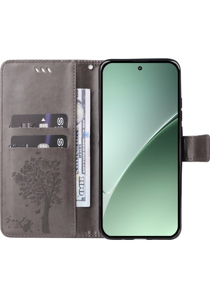 Xiaomi 15 Pro Kılıf Kedi Ağacı Desenli Flip Deri Telefon Kapağı-Gri (Yurt Dışından)