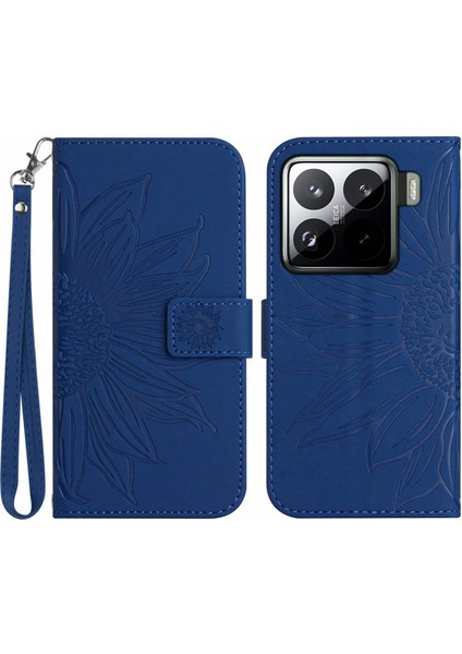 Xiaomi 15 Kılıf Ayçiçeği Baskılı Deri Cüzdan Telefon Kılıfı Bilek Kayışı-Safir (Yurt Dışından)