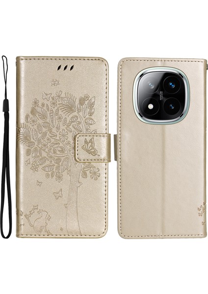 Kt Baskı Çiçek Serisi-3 Xiaomi Redmi Için Not 14 Pro + 5g / Not 14 Pro 5g Kılıf Kedi Ağacı Desen Flip Deri Telefon Kapağı-Altın (Yurt Dışından)
