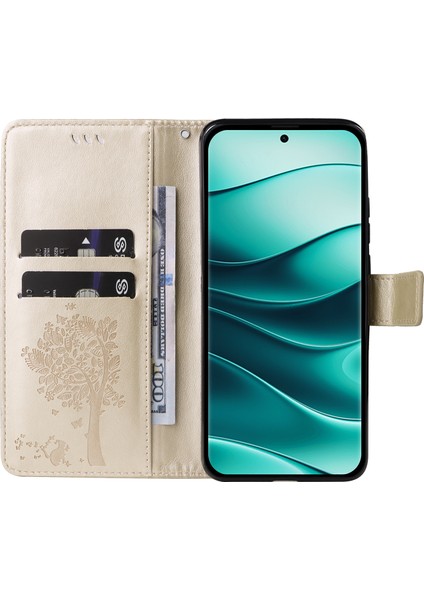 Kt Baskı Çiçek Serisi-3 Xiaomi Redmi Için Not 14 Pro + 5g / Not 14 Pro 5g Kılıf Kedi Ağacı Desen Flip Deri Telefon Kapağı-Altın (Yurt Dışından)