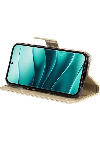 Kt Baskı Çiçek Serisi-3 Xiaomi Redmi Için Not 14 Pro + 5g / Not 14 Pro 5g Kılıf Kedi Ağacı Desen Flip Deri Telefon Kapağı-Altın (Yurt Dışından)