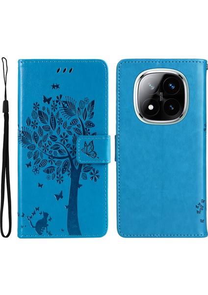 Kt Baskı Çiçek Serisi-3 Xiaomi Redmi Için Not 14 Pro+ 5g / Not 14 Pro 5g Kılıf Kedi Ağacı Desen Flip Deri Telefon Kapağı-Mavi (Yurt Dışından)