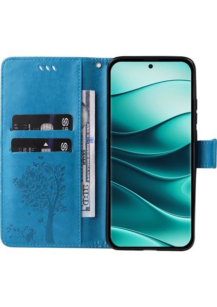 Kt Baskı Çiçek Serisi-3 Xiaomi Redmi Için Not 14 Pro+ 5g / Not 14 Pro 5g Kılıf Kedi Ağacı Desen Flip Deri Telefon Kapağı-Mavi (Yurt Dışından)