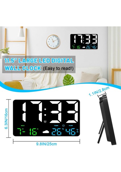 Saat, Dijital Duvar Saati Büyük Ekran, 25CM USB LED Saatler Hava Istasyonuyla Yatak Odası Için Alarm, Siyah (Yurt Dışından)