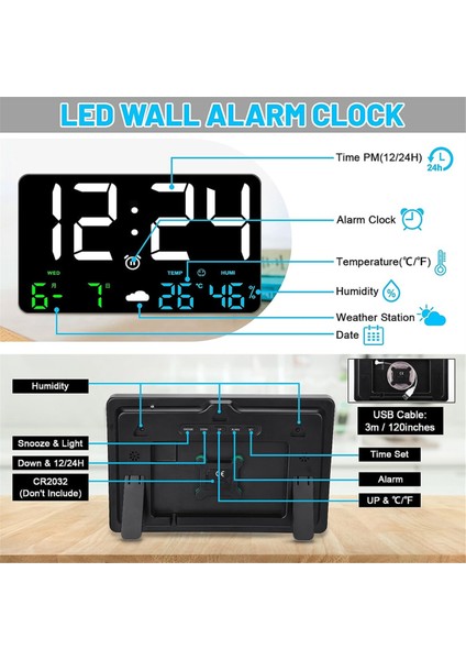 Saat, Dijital Duvar Saati Büyük Ekran, 25CM USB LED Saatler Hava Istasyonuyla Yatak Odası Için Alarm, Siyah (Yurt Dışından)