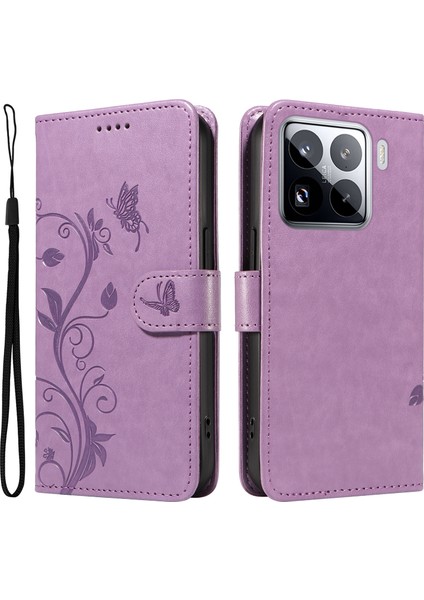 Xiaomi 15 Pro Kılıf Çiçek Desenli Pu Deri Cüzdan Telefon Kapağı-Açık Mor (Yurt Dışından)