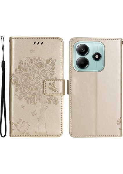 Kt Baskı Çiçek Serisi-3 Xiaomi Redmi Için Not 14 5g Kılıf Kedi Ağacı Desen Çevirme Deri Telefon Kapağı-Altın (Yurt Dışından)