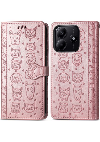 Xiaomi Redmi Için Not 14 5g Kılıf Deri Cüzdan Çevirme Telefon Kapağı Sevimli Kedi Köpek Desen-Gül Altın (Yurt Dışından)