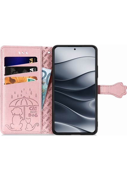 Xiaomi Redmi Için Not 14 5g Kılıf Deri Cüzdan Çevirme Telefon Kapağı Sevimli Kedi Köpek Desen-Gül Altın (Yurt Dışından)
