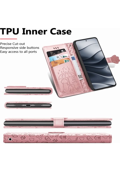 Xiaomi Redmi Için Not 14 5g Kılıf Deri Cüzdan Çevirme Telefon Kapağı Sevimli Kedi Köpek Desen-Gül Altın (Yurt Dışından)
