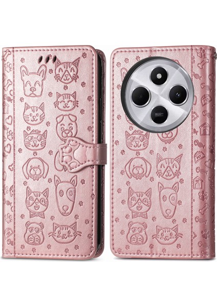 Xiaomi Redmi Için 14C 4G/14R 5g/poco C75 4g Cüzdan Çevirme Telefon Kapağı Sevimli Kedi Köpek Desen-Gül Altın (Yurt Dışından)