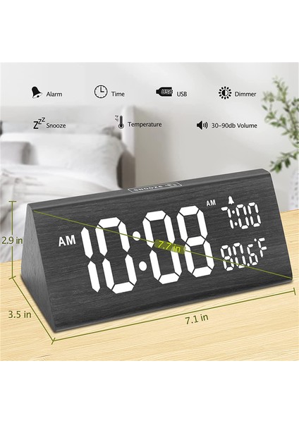 Ahşap Dijital Çalar Saat, 2 USB Portlu Ahşap Dijital Çalar Saat, Büyük Rakamlar, Sıcaklık, 0-100% Parlaklık Kısma, Ayarlanabilir Ses, Siyah (Yurt Dışından)