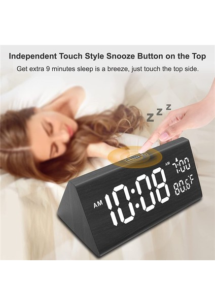Ahşap Dijital Çalar Saat, 2 USB Portlu Ahşap Dijital Çalar Saat, Büyük Rakamlar, Sıcaklık, 0-100% Parlaklık Kısma, Ayarlanabilir Ses, Siyah (Yurt Dışından)