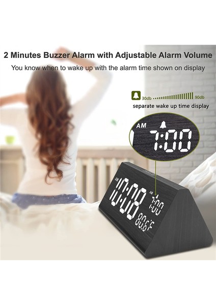 Ahşap Dijital Çalar Saat, 2 USB Portlu Ahşap Dijital Çalar Saat, Büyük Rakamlar, Sıcaklık, 0-100% Parlaklık Kısma, Ayarlanabilir Ses, Siyah (Yurt Dışından)