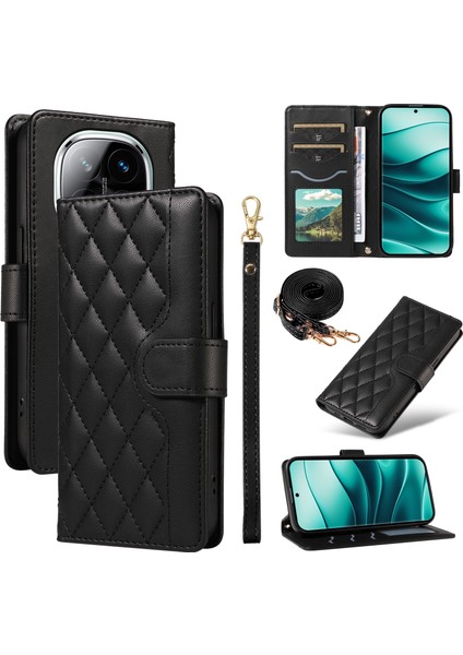 Xiaomi Redmi Note 14 Pro 5g/14 Pro+ 5g Kılıf Cüzdan Eşkenar Dörtgen Deri Telefon Kılıfı, Omuz Askılı, Bilek Askısı-Siyah (Yurt Dışından)