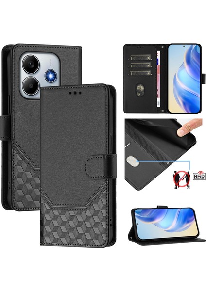 Xiaomi Redmi Note 14 5g Kılıf Baskılı Petek Rfıd Engelleme Deri Telefon Kılıfı Kayışlı-Siyah (Yurt Dışından)
