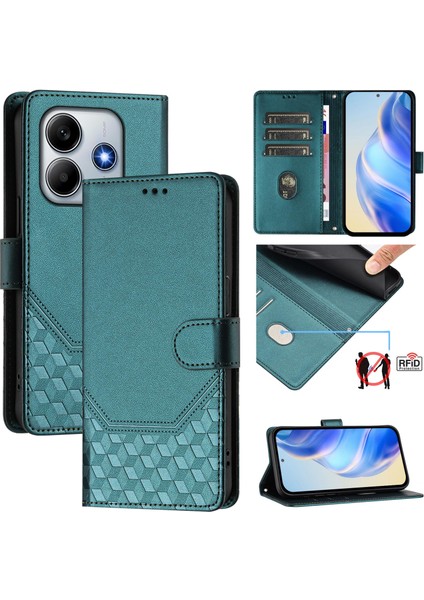 Xiaomi Redmi Note 14 5g Kılıf Baskılı Petek Rfıd Engelleme Deri Telefon Kapağı Kayışlı-Yeşil (Yurt Dışından)