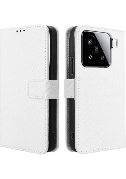 Xiaomi 15 Kılıf Pu Deri Elmas Doku Cüzdan Telefon Kapağı-Beyaz (Yurt Dışından)