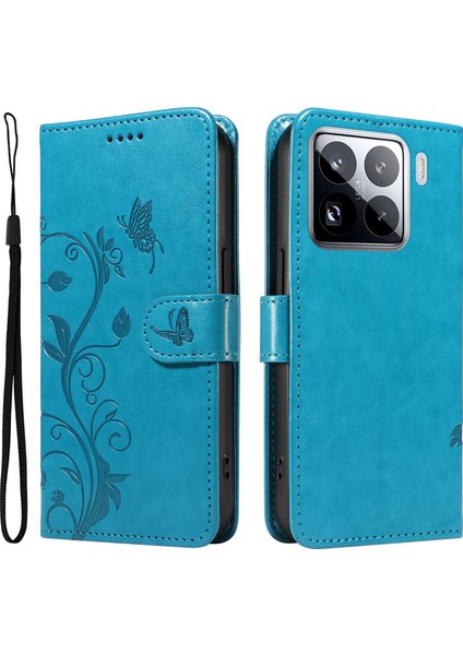 Xiaomi 15 Pro Kılıf Çiçek Desenli Pu Deri Cüzdan Telefon Kapağı-Mavi (Yurt Dışından)