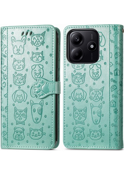 Xiaomi Redmi Note 14 5g Kılıf Deri Cüzdan Çevirme Telefon Kapağı Sevimli Kedi Köpek Desen-Yeşil (Yurt Dışından)