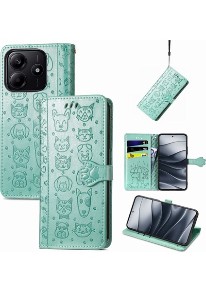 Xiaomi Redmi Note 14 5g Kılıf Deri Cüzdan Çevirme Telefon Kapağı Sevimli Kedi Köpek Desen-Yeşil (Yurt Dışından) fırsatları