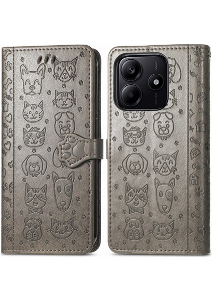 Xiaomi Redmi Note 14 5g Kılıf Deri Cüzdan Çevirme Telefon Kapağı Sevimli Kedi Köpek Desen-Gri (Yurt Dışından)