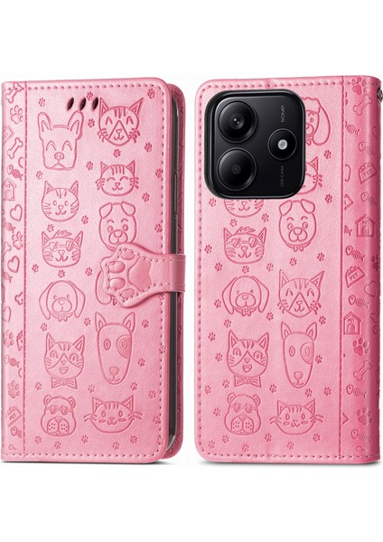 Xiaomi Redmi Note 14 5g Kılıf Deri Cüzdan Çevirme Telefon Kapağı Sevimli Kedi Köpek Desen-Pembe (Yurt Dışından)